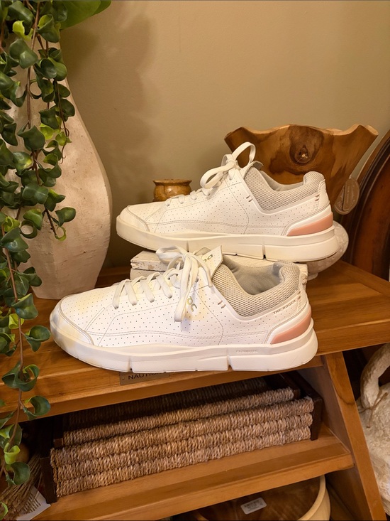 On Running Shoes - On Running Women's White Sneakers with Blush Heel Accent